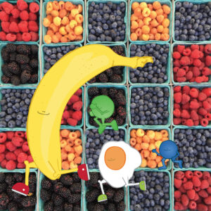 background of berries with running cartoon egg, banana and pea